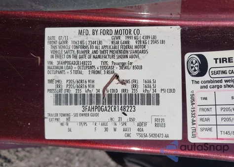 2012 Ford Fusion S z USA, uszkodzony, nr VIN 3FAHP0GA2CR148223